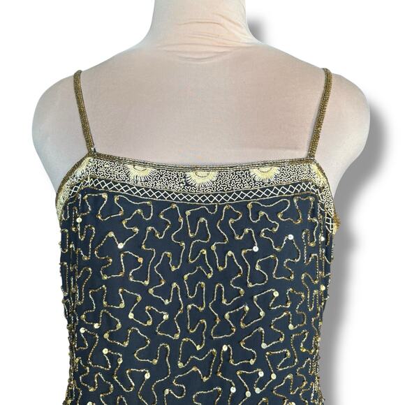 Vintage Beaded Black Gold Drop Waist Metallic Sequin Cocktail Dress Sleeveless 4 - Picture 4 of 14